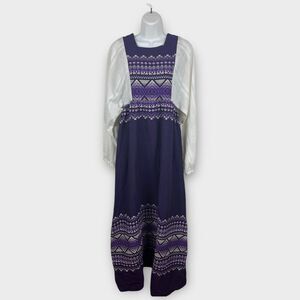 Vintage 70s Guatemala Cotton Purple White Folkart Woven Maxi Dress Long Slv 12